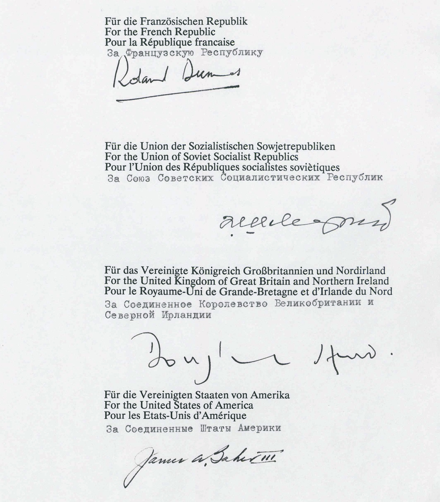Zwei-plus-Vier-Vertrag, Unterschriften der Vier Mächte (unterzeichnet am 12.9.1990 in Moskau)